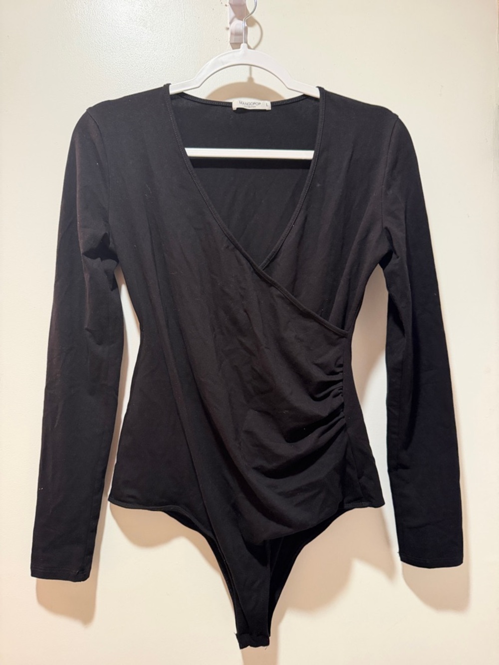 Cotton Black Long-Sleeve Wrap-Style Bodysuit